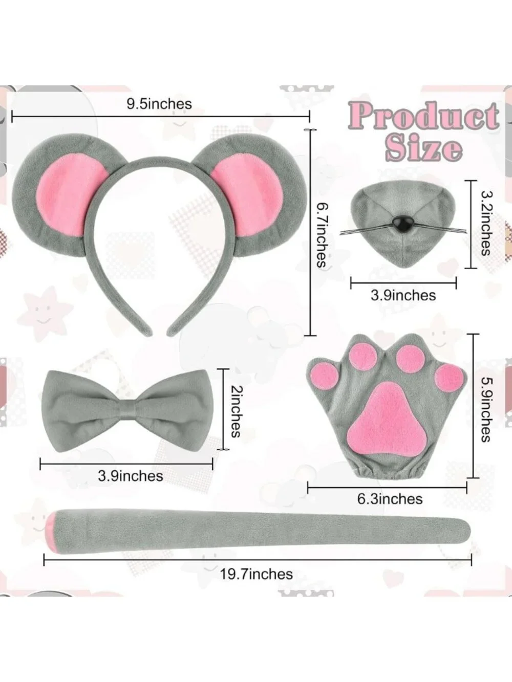 3 Blind Mice Costume Accessory Set - Ears, Tail, Nose, Bow Tie & Gloves for